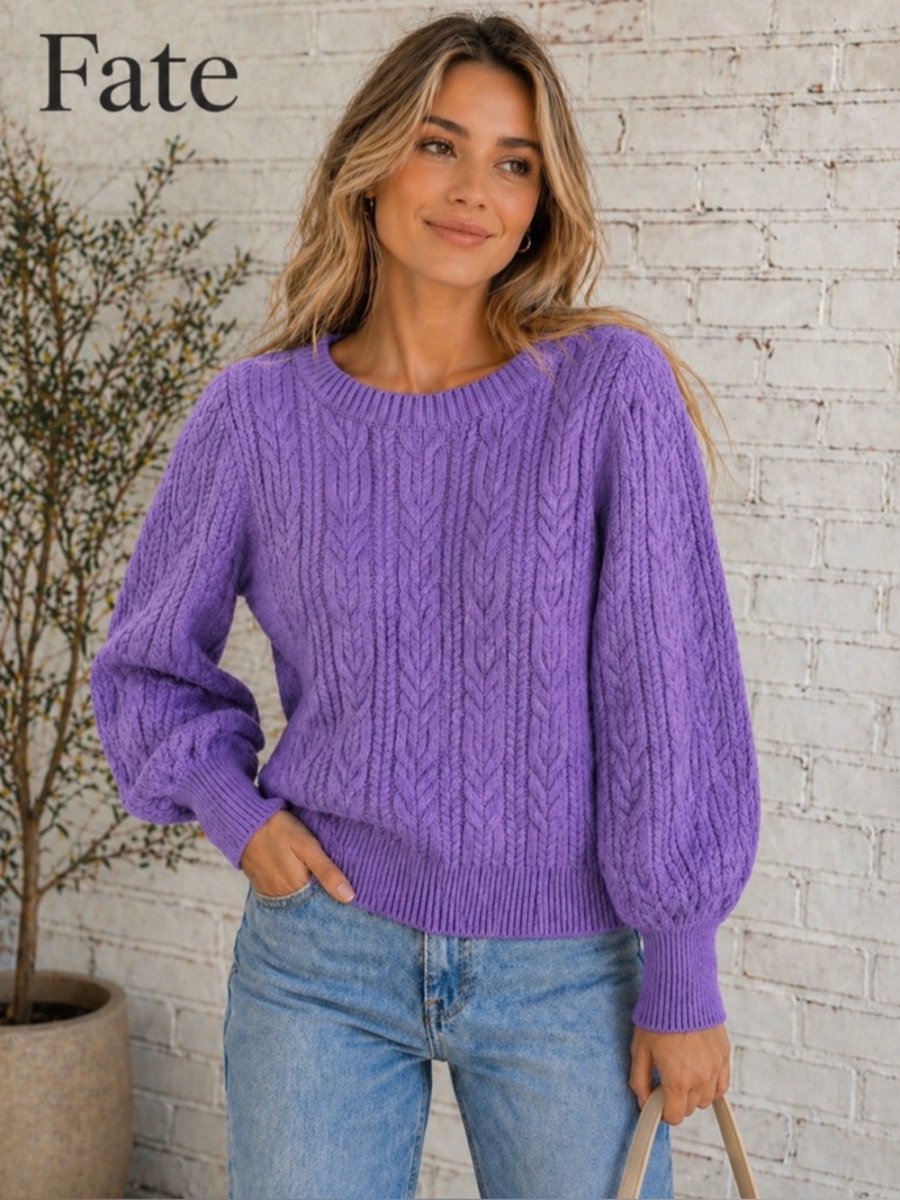 Lavender Cable Knit Sweater Women’s Size L Puff Sleeve Cozy Chic